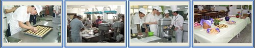 Pictures for baking training class(from left to right): cookies making, baking skill test, in class and baking products exhiblitation