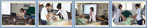 Pictures for care services class. Left one is the situation of class. Right three ones are  students in practicing operation