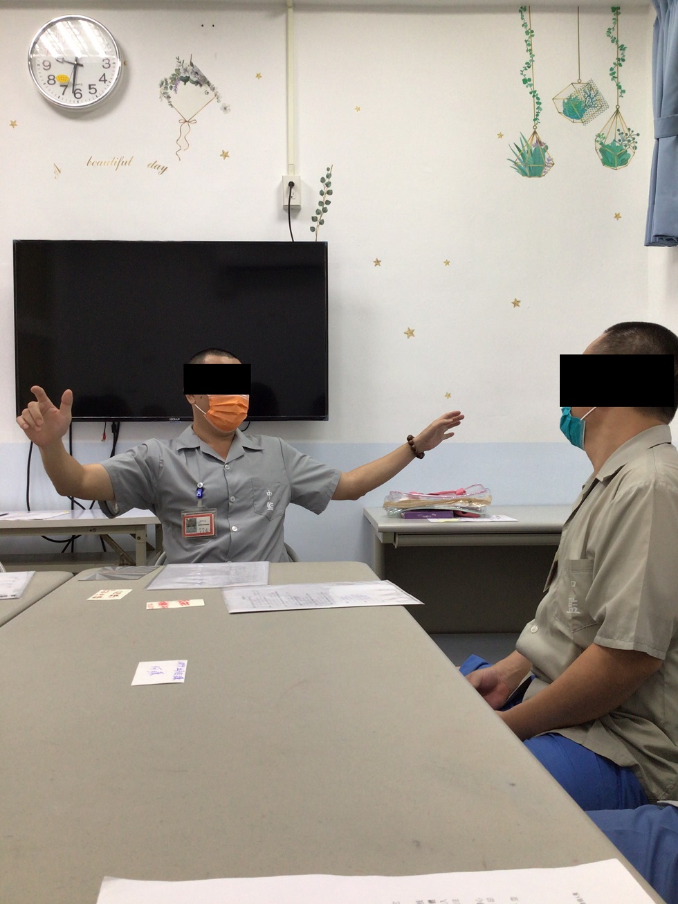 Participators practice with each other to improve their interpersonal skills.